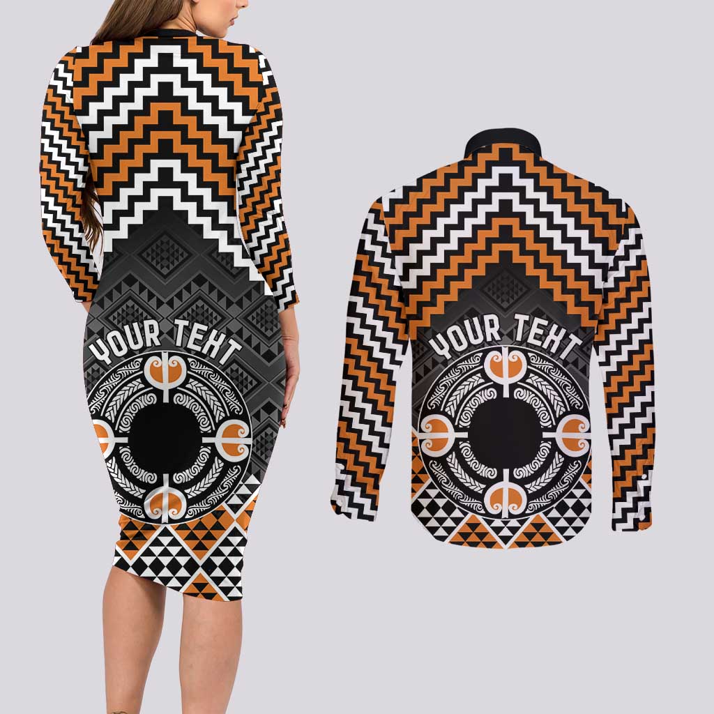 Personalised Aotearoa Niho Taniwha Motif Couples Matching Long Sleeve Bodycon Dress and Long Sleeve Button Shirt Gold Style