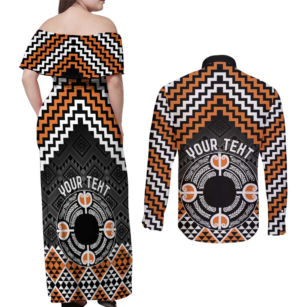 Personalised Aotearoa Niho Taniwha Motif Couples Matching Off Shoulder Maxi Dress and Long Sleeve Button Shirt Gold Style