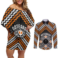 Personalised Aotearoa Niho Taniwha Motif Couples Matching Off Shoulder Short Dress and Long Sleeve Button Shirt Gold Style LT9 Gold - Polynesian Pride
