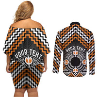 Personalised Aotearoa Niho Taniwha Motif Couples Matching Off Shoulder Short Dress and Long Sleeve Button Shirt Gold Style LT9 - Polynesian Pride