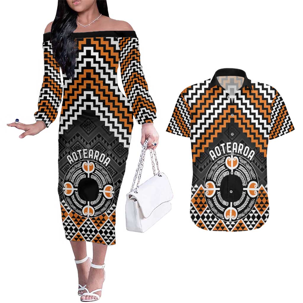 Personalised Aotearoa Niho Taniwha Motif Couples Matching Off The Shoulder Long Sleeve Dress and Hawaiian Shirt Gold Style LT9 Gold - Polynesian Pride