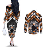 Personalised Aotearoa Niho Taniwha Motif Couples Matching Off The Shoulder Long Sleeve Dress and Long Sleeve Button Shirt Gold Style