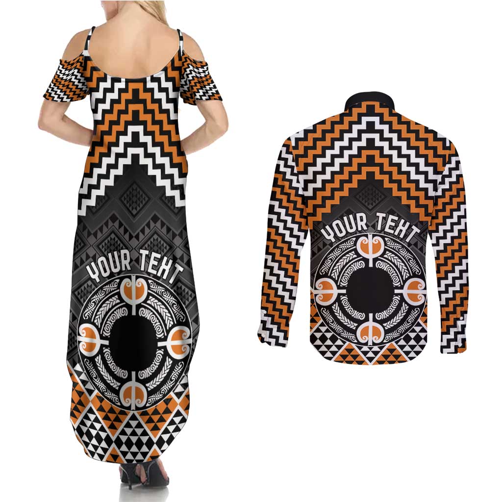 Personalised Aotearoa Niho Taniwha Motif Couples Matching Summer Maxi Dress and Long Sleeve Button Shirt Gold Style LT9 - Polynesian Pride
