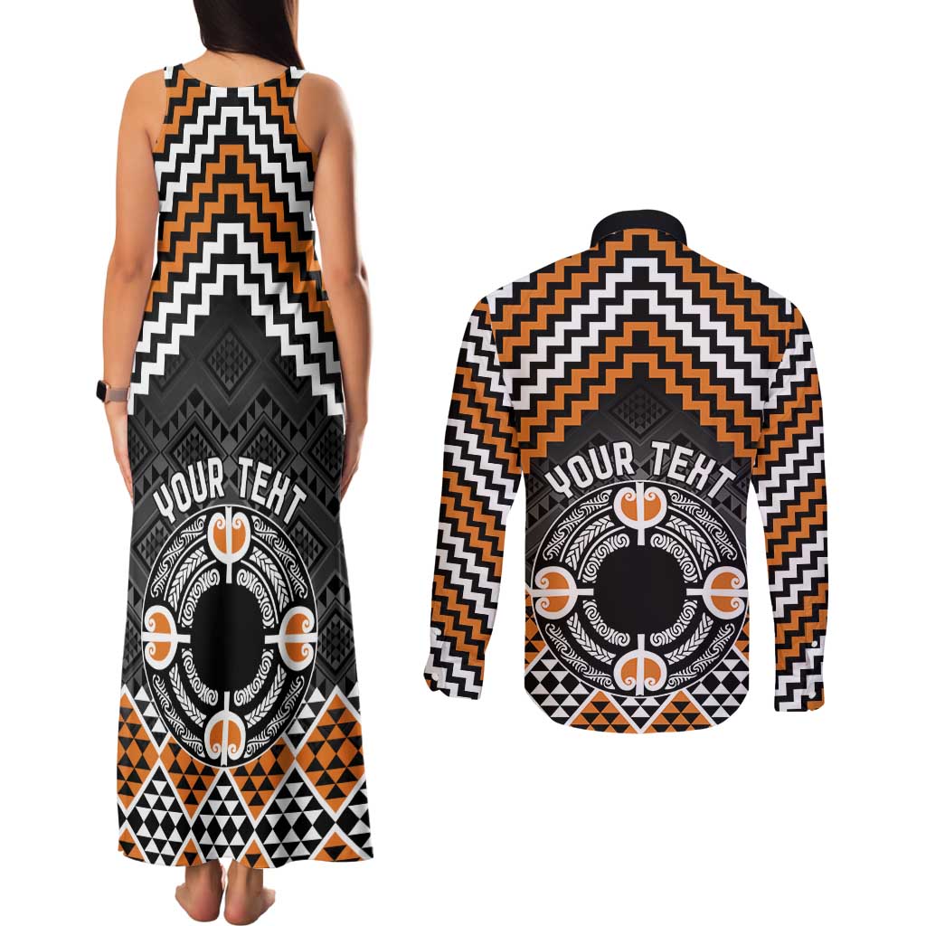 Personalised Aotearoa Niho Taniwha Motif Couples Matching Tank Maxi Dress and Long Sleeve Button Shirt Gold Style
