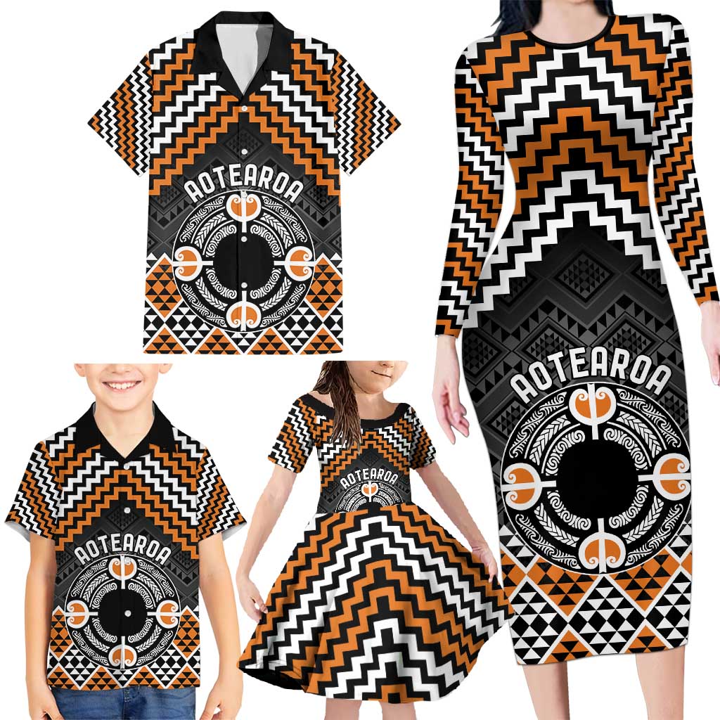 Personalised Aotearoa Niho Taniwha Motif Family Matching Long Sleeve Bodycon Dress and Hawaiian Shirt Gold Style