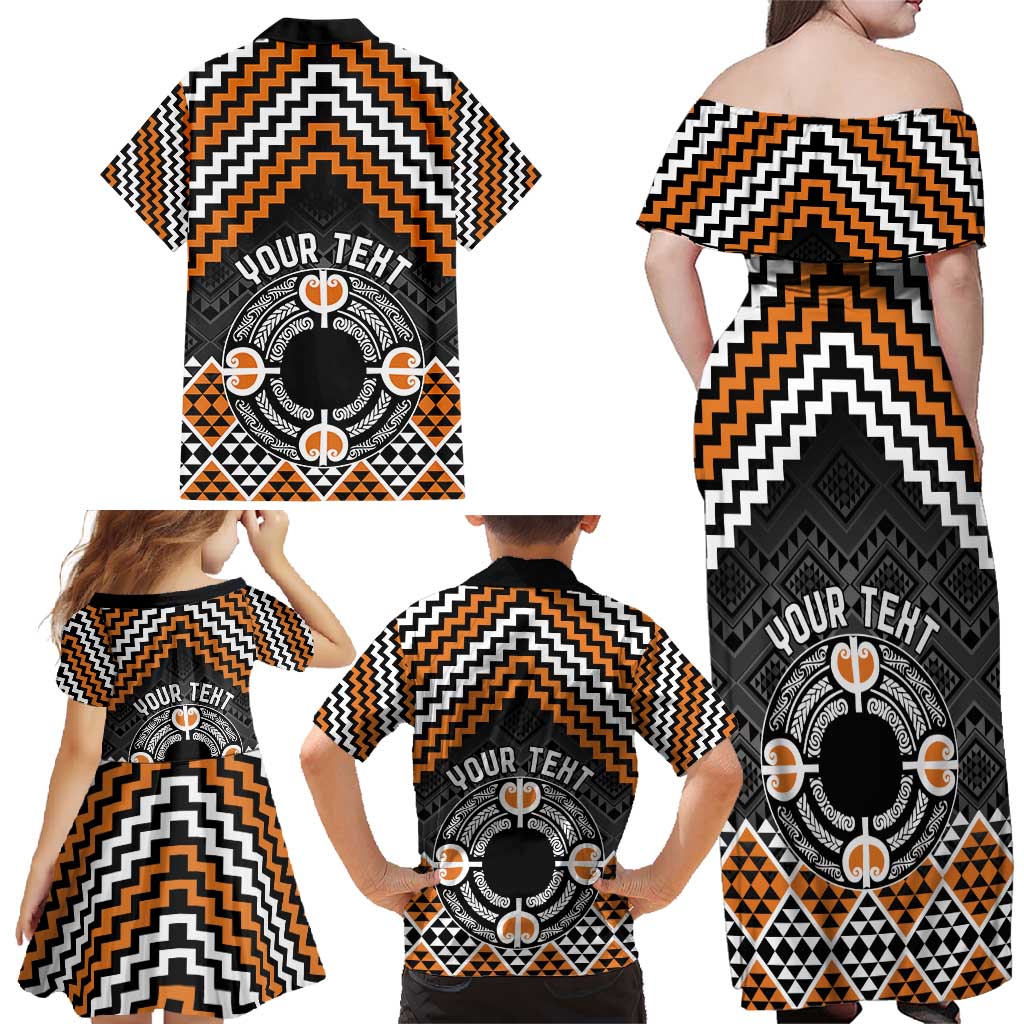Personalised Aotearoa Niho Taniwha Motif Family Matching Off Shoulder Maxi Dress and Hawaiian Shirt Gold Style