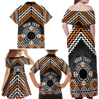Personalised Aotearoa Niho Taniwha Motif Family Matching Off Shoulder Maxi Dress and Hawaiian Shirt Gold Style