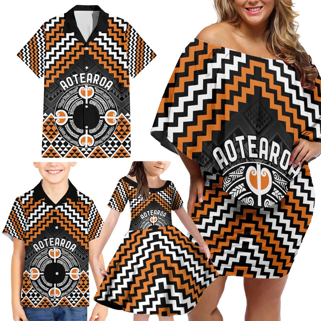 Personalised Aotearoa Niho Taniwha Motif Family Matching Off Shoulder Short Dress and Hawaiian Shirt Gold Style