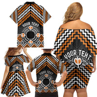 Personalised Aotearoa Niho Taniwha Motif Family Matching Off Shoulder Short Dress and Hawaiian Shirt Gold Style
