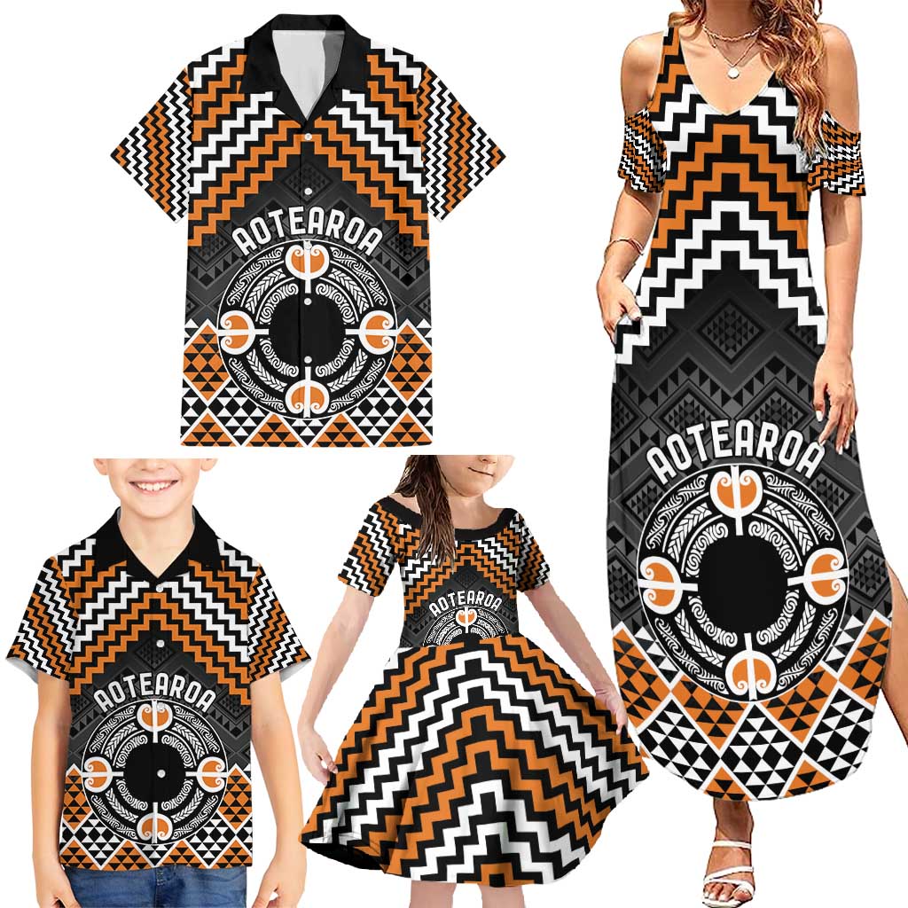 Personalised Aotearoa Niho Taniwha Motif Family Matching Summer Maxi Dress and Hawaiian Shirt Gold Style