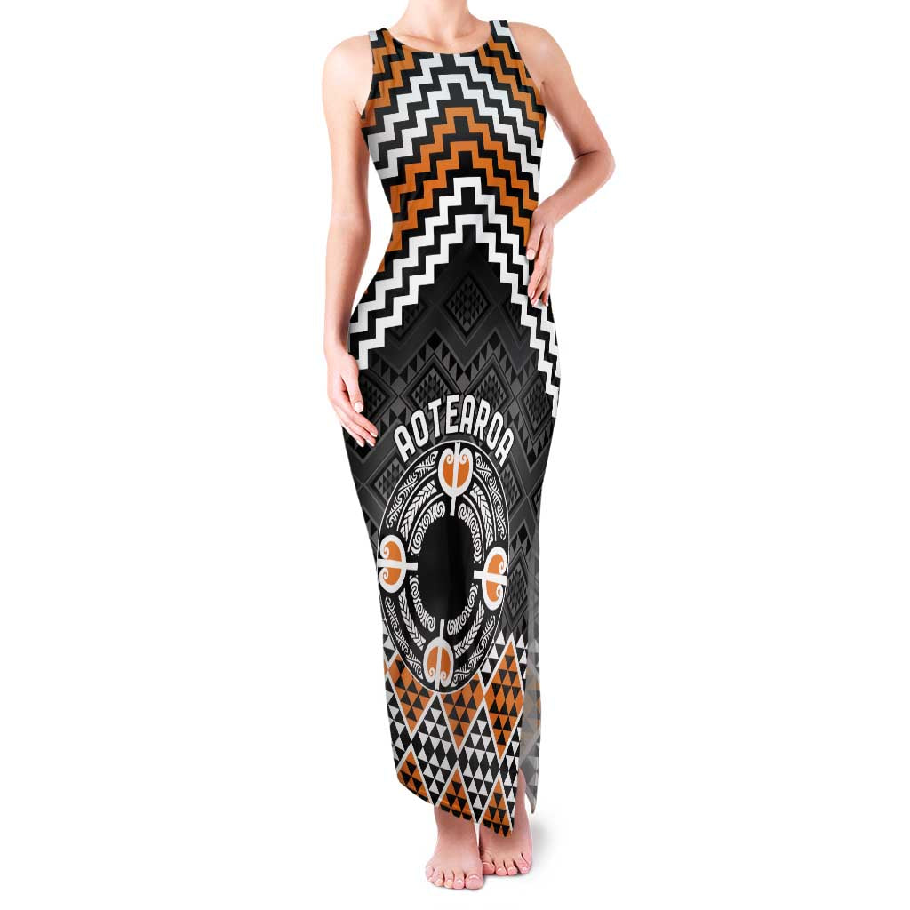 Personalised Aotearoa Niho Taniwha Motif Family Matching Tank Maxi Dress and Hawaiian Shirt Gold Style