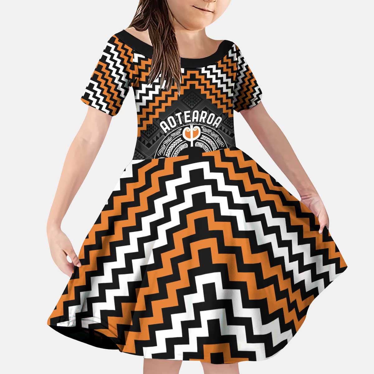 Personalised Aotearoa Niho Taniwha Motif Kid Short Sleeve Dress Gold Style