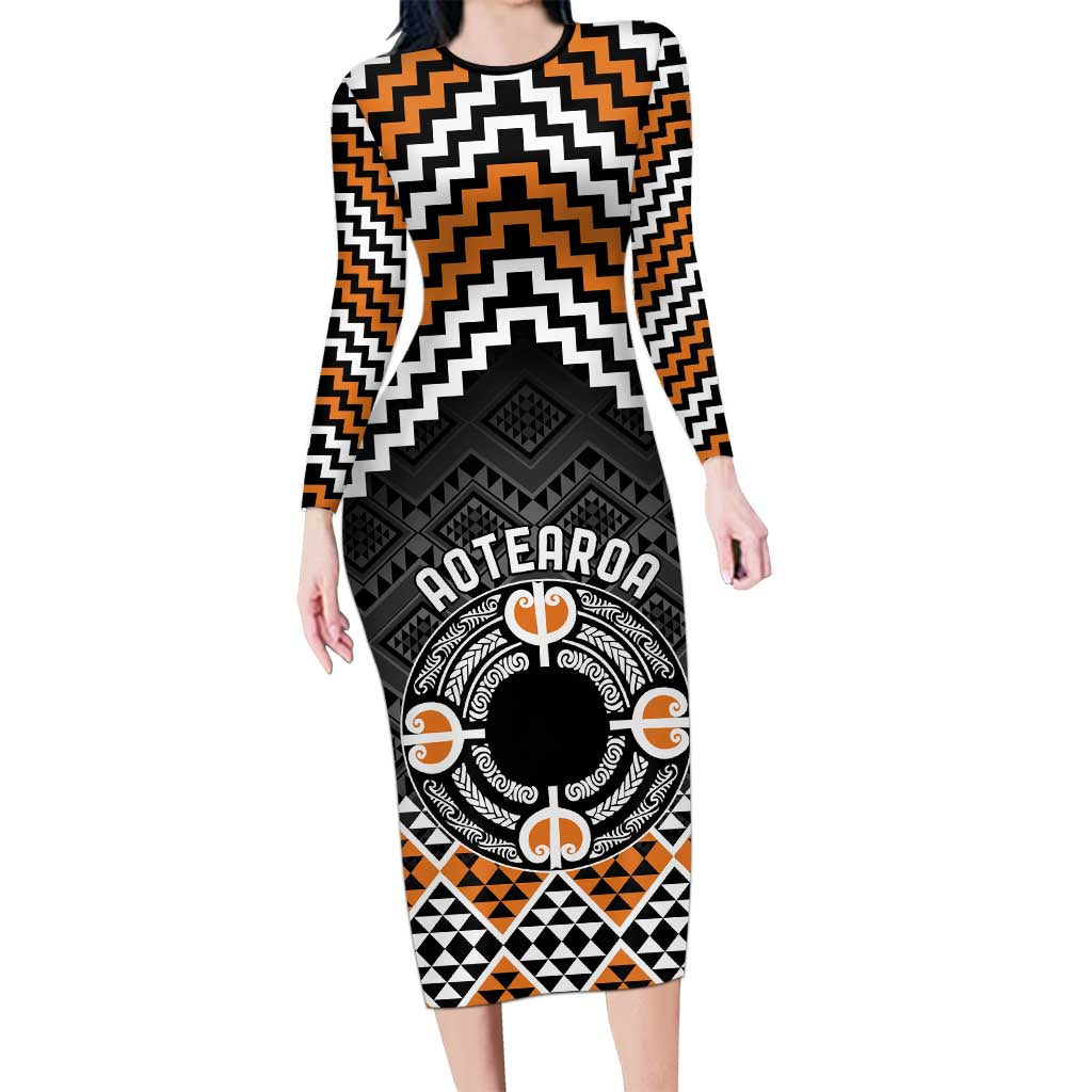 Personalised Aotearoa Niho Taniwha Motif Long Sleeve Bodycon Dress Gold Style
