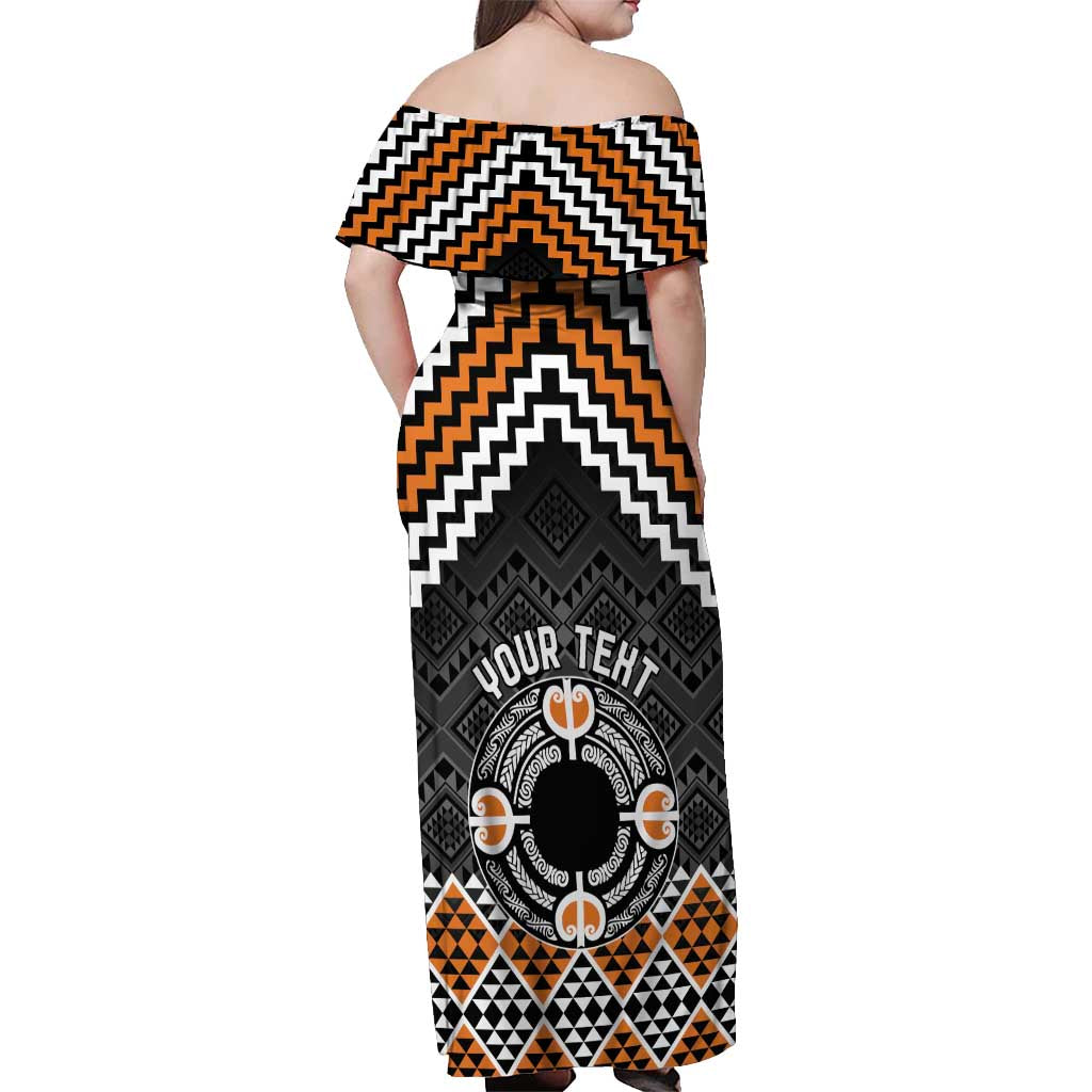 Personalised Aotearoa Niho Taniwha Motif Off Shoulder Maxi Dress Gold Style LT9 - Polynesian Pride