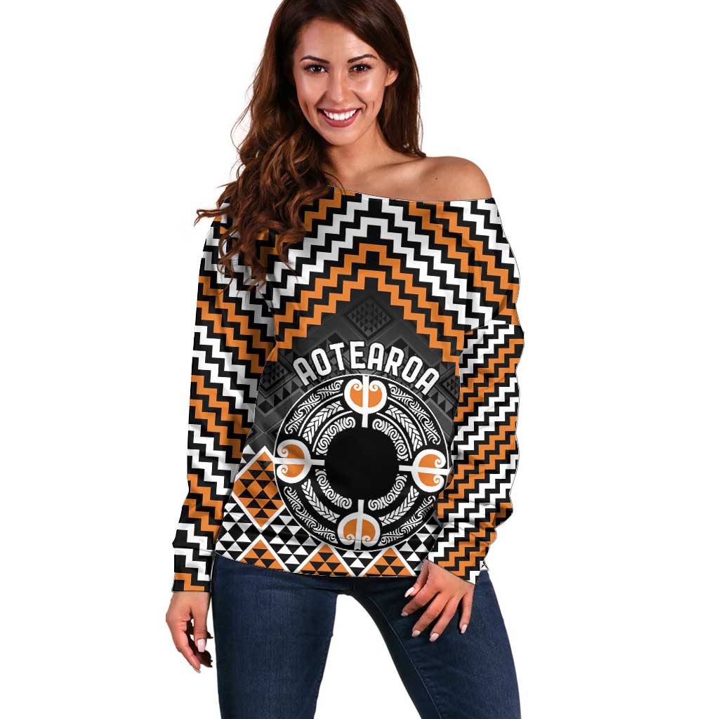 Personalised Aotearoa Niho Taniwha Motif Off Shoulder Sweater Gold Style
