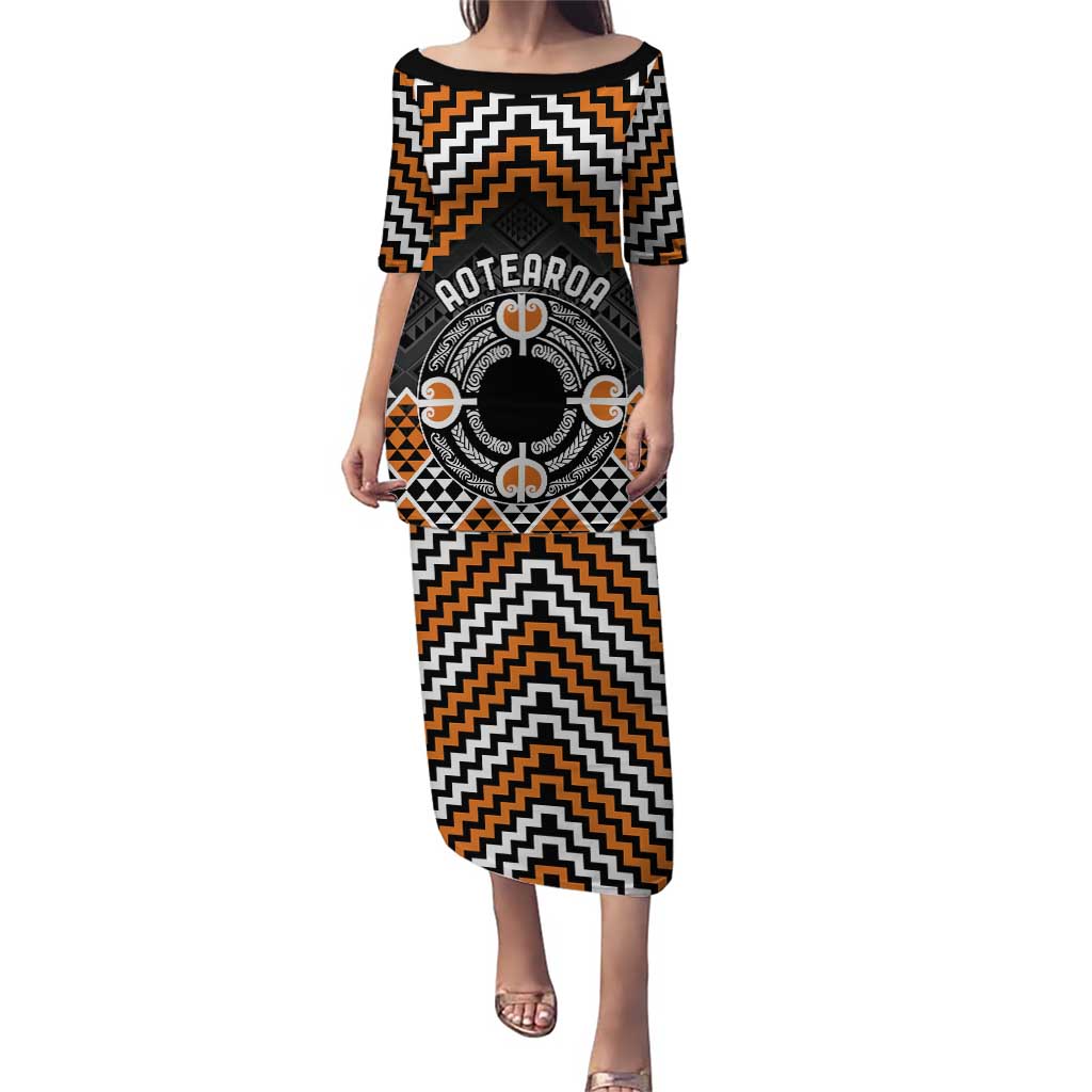 Personalised Aotearoa Niho Taniwha Motif Puletasi Gold Style LT9 Long Dress Gold - Polynesian Pride