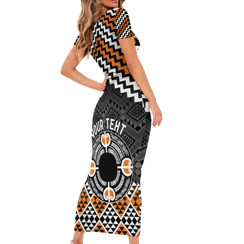 Personalised Aotearoa Niho Taniwha Motif Short Sleeve Bodycon Dress Gold Style LT9 - Polynesian Pride