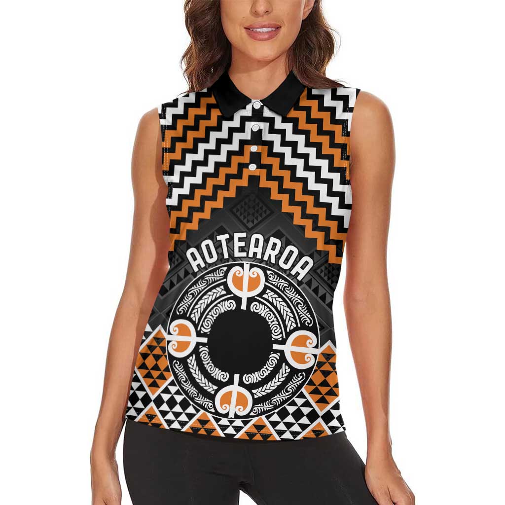 Personalised Aotearoa Niho Taniwha Motif Women Sleeveless Polo Shirt Gold Style