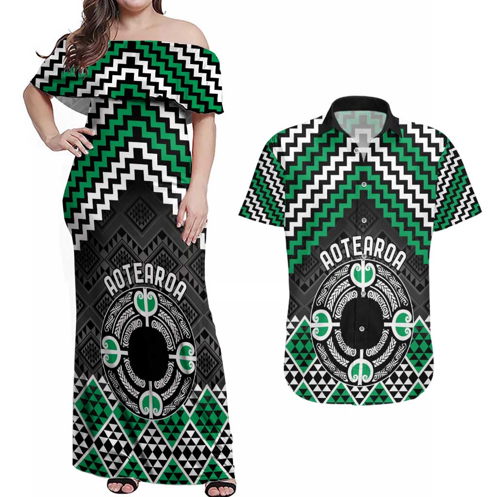 Personalised Aotearoa Niho Taniwha Motif Couples Matching Off Shoulder Maxi Dress and Hawaiian Shirt Green Style LT9 Green - Polynesian Pride