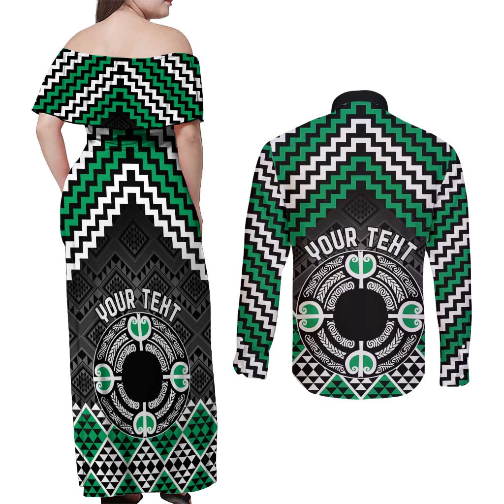 Personalised Aotearoa Niho Taniwha Motif Couples Matching Off Shoulder Maxi Dress and Long Sleeve Button Shirt Green Style LT9 - Polynesian Pride