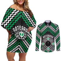 Personalised Aotearoa Niho Taniwha Motif Couples Matching Off Shoulder Short Dress and Long Sleeve Button Shirt Green Style LT9 Green - Polynesian Pride