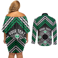 Personalised Aotearoa Niho Taniwha Motif Couples Matching Off Shoulder Short Dress and Long Sleeve Button Shirt Green Style LT9 - Polynesian Pride