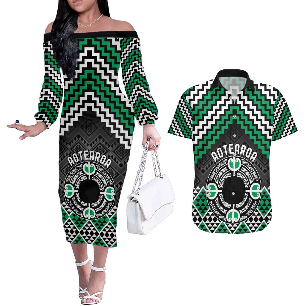 Personalised Aotearoa Niho Taniwha Motif Couples Matching Off The Shoulder Long Sleeve Dress and Hawaiian Shirt Green Style LT9 Green - Polynesian Pride