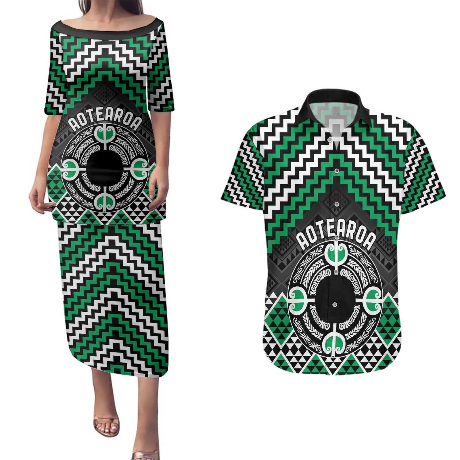 Personalised Aotearoa Niho Taniwha Motif Couples Matching Puletasi and Hawaiian Shirt Green Style LT9 Green - Polynesian Pride