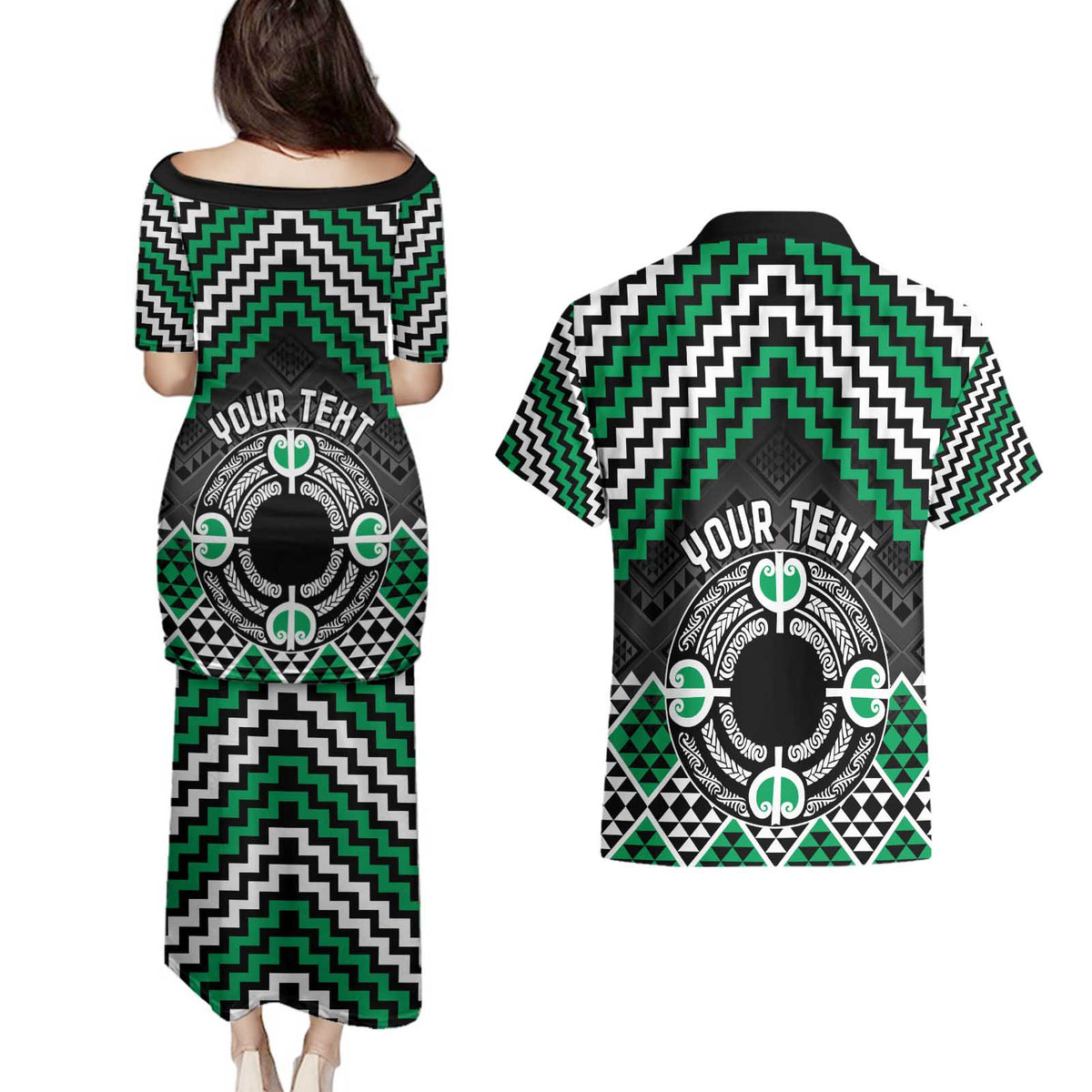 Personalised Aotearoa Niho Taniwha Motif Couples Matching Puletasi and Hawaiian Shirt Green Style LT9 - Polynesian Pride