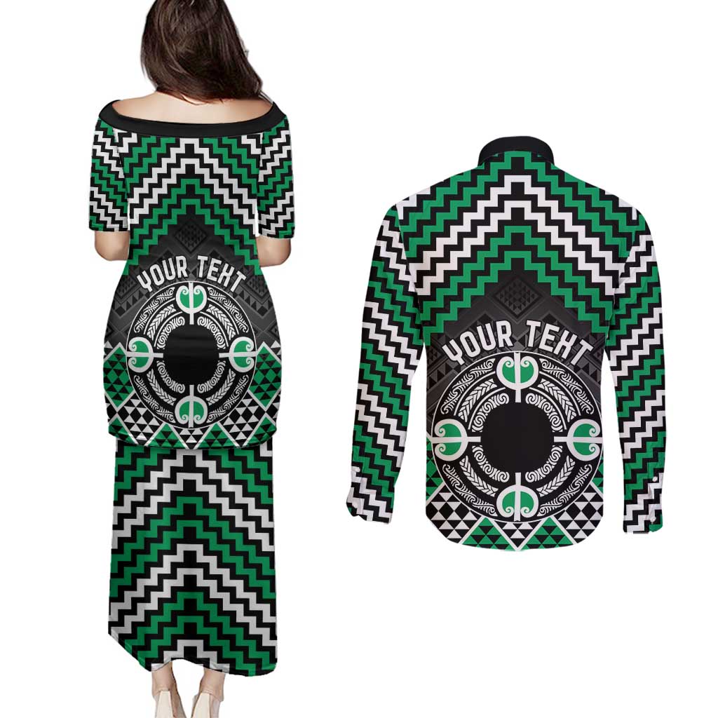 Personalised Aotearoa Niho Taniwha Motif Couples Matching Puletasi and Long Sleeve Button Shirt Green Style LT9 - Polynesian Pride