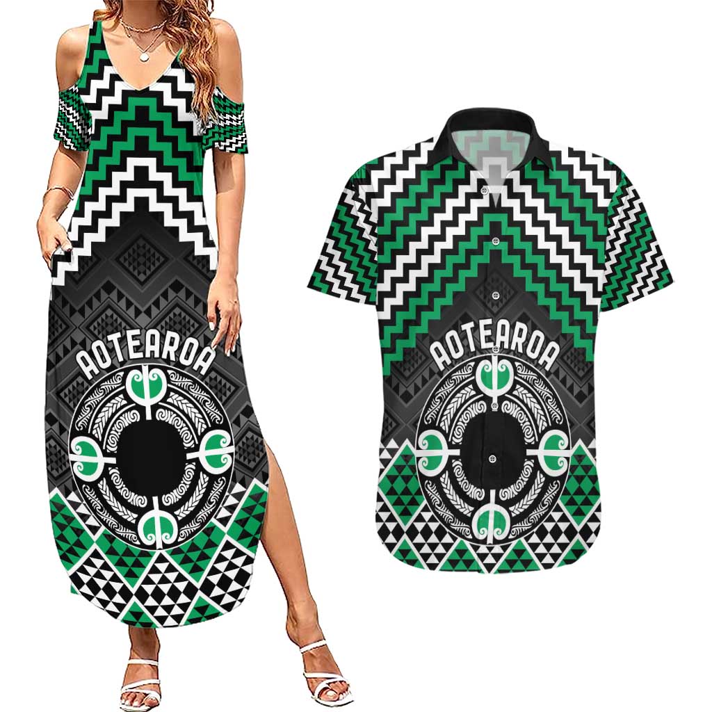 Personalised Aotearoa Niho Taniwha Motif Couples Matching Summer Maxi Dress and Hawaiian Shirt Green Style LT9 Green - Polynesian Pride
