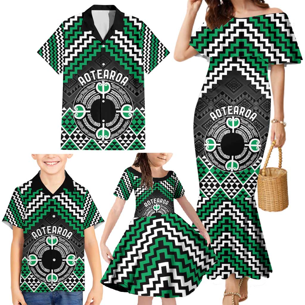 Personalised Aotearoa Niho Taniwha Motif Family Matching Mermaid Dress and Hawaiian Shirt Green Style