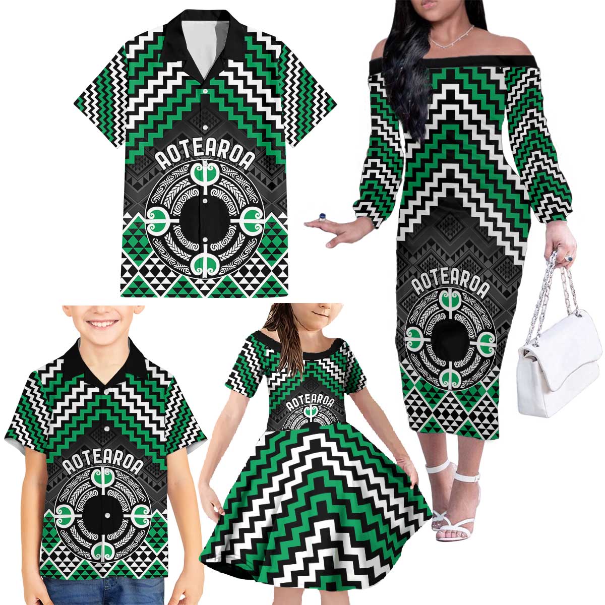 Personalised Aotearoa Niho Taniwha Motif Family Matching Off The Shoulder Long Sleeve Dress and Hawaiian Shirt Green Style