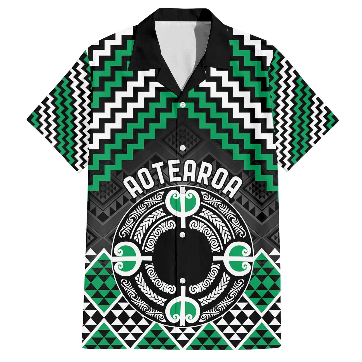Personalised Aotearoa Niho Taniwha Motif Family Matching Off The Shoulder Long Sleeve Dress and Hawaiian Shirt Green Style