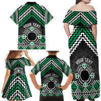 Personalised Aotearoa Niho Taniwha Motif Family Matching Off Shoulder Maxi Dress and Hawaiian Shirt Green Style