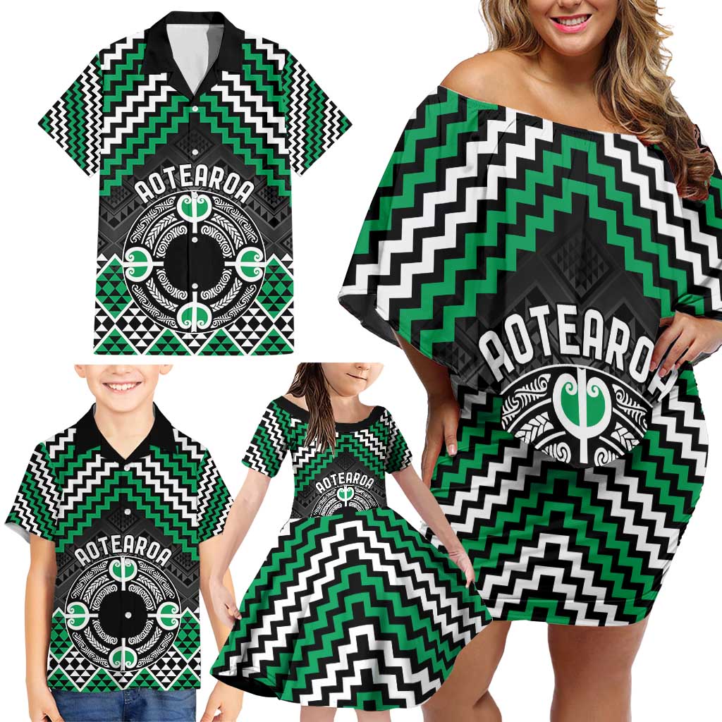 Personalised Aotearoa Niho Taniwha Motif Family Matching Off Shoulder Short Dress and Hawaiian Shirt Green Style