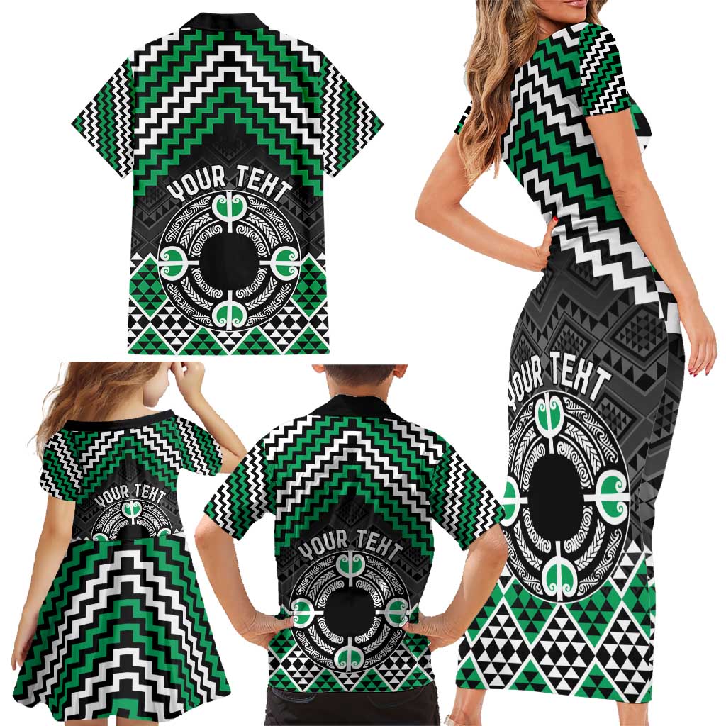 Personalised Aotearoa Niho Taniwha Motif Family Matching Short Sleeve Bodycon Dress and Hawaiian Shirt Green Style