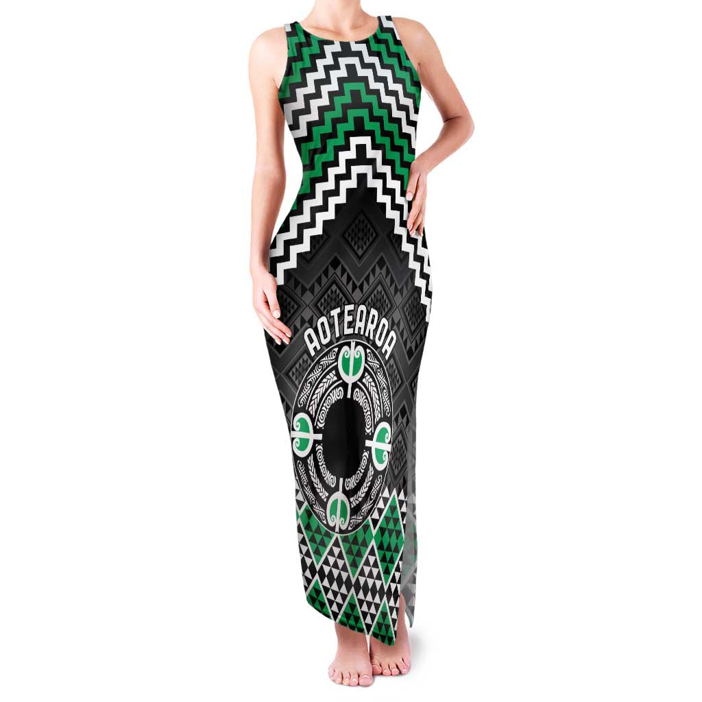 Personalised Aotearoa Niho Taniwha Motif Family Matching Tank Maxi Dress and Hawaiian Shirt Green Style