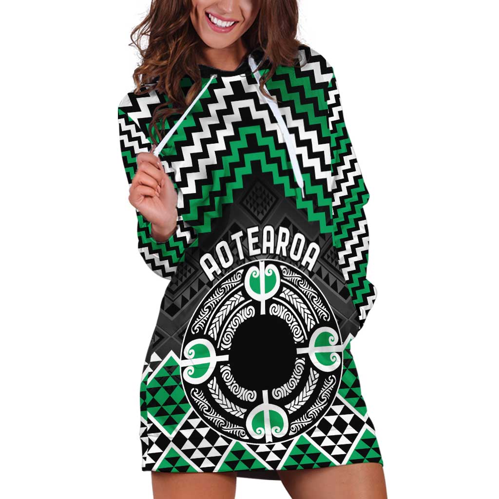 Personalised Aotearoa Niho Taniwha Motif Hoodie Dress Green Style LT9 Green - Polynesian Pride