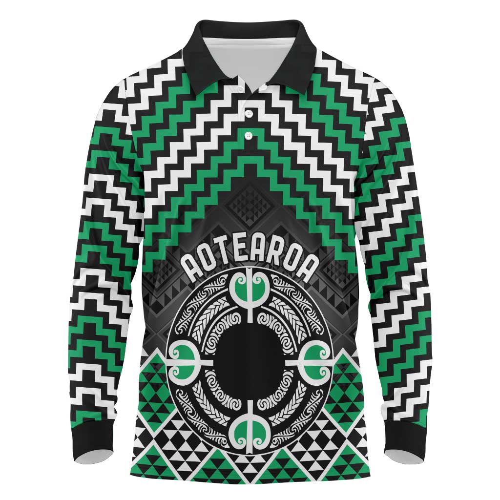 Personalised Aotearoa Niho Taniwha Motif Long Sleeve Polo Shirt Green Style