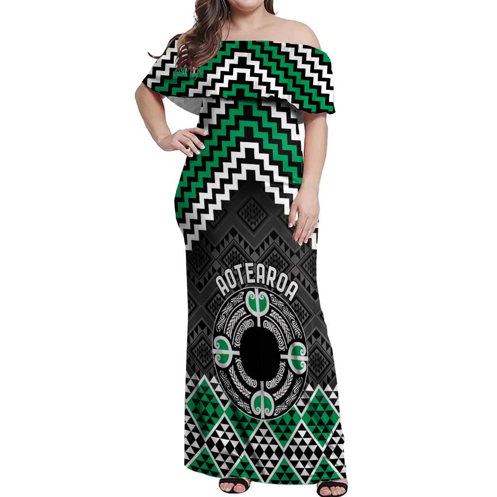 Personalised Aotearoa Niho Taniwha Motif Off Shoulder Maxi Dress Green Style LT9 Women Green - Polynesian Pride