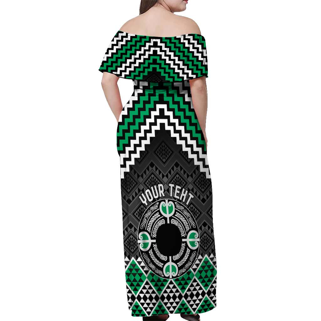 Personalised Aotearoa Niho Taniwha Motif Off Shoulder Maxi Dress Green Style LT9 - Polynesian Pride