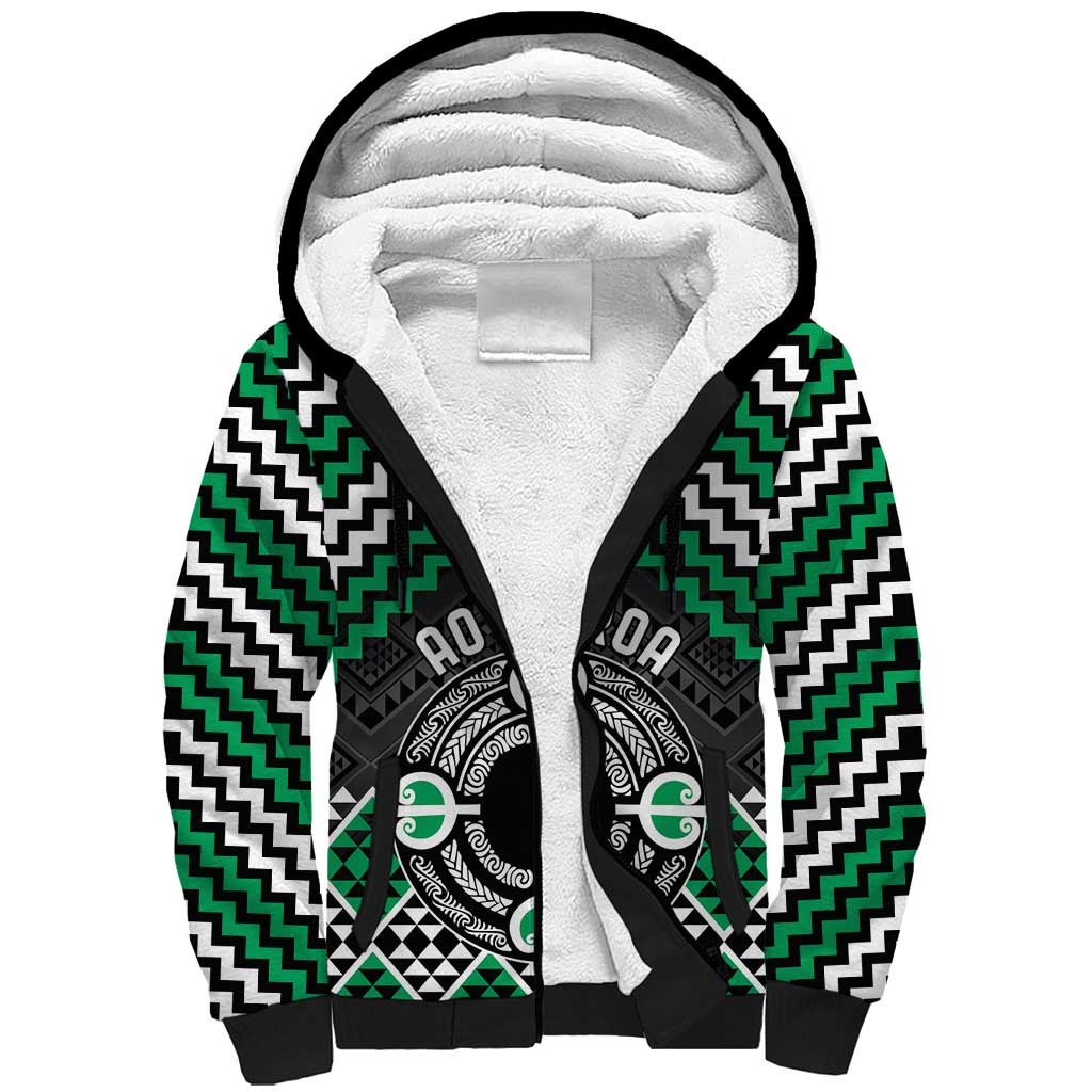 Personalised Aotearoa Niho Taniwha Motif Sherpa Hoodie Green Style LT9 Unisex Green - Polynesian Pride