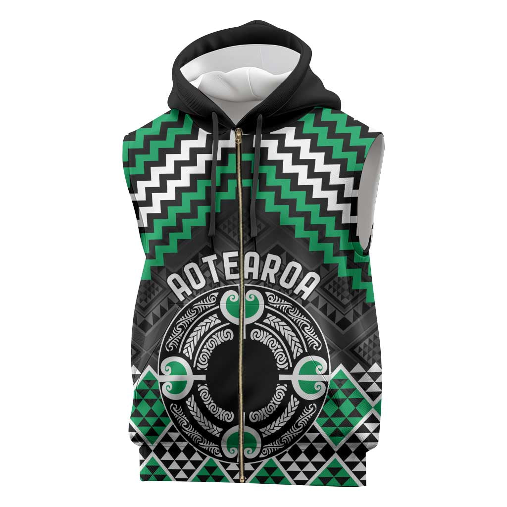 Personalised Aotearoa Niho Taniwha Motif Sleeveless Zip Hoodie Green Style - Polynesian Pride