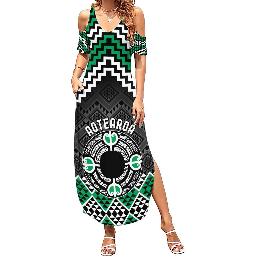 Personalised Aotearoa Niho Taniwha Motif Summer Maxi Dress Green Style LT9 Women Green - Polynesian Pride