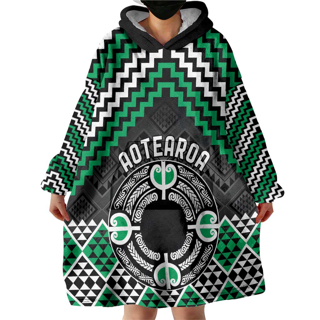 Personalised Aotearoa Niho Taniwha Motif Wearable Blanket Hoodie Green Style LT9 - Polynesian Pride