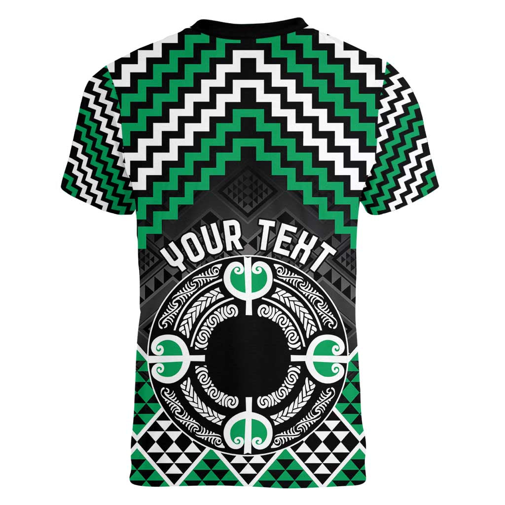 Personalised Aotearoa Niho Taniwha Motif Women V-Neck T-Shirt Green Style LT9 - Polynesian Pride