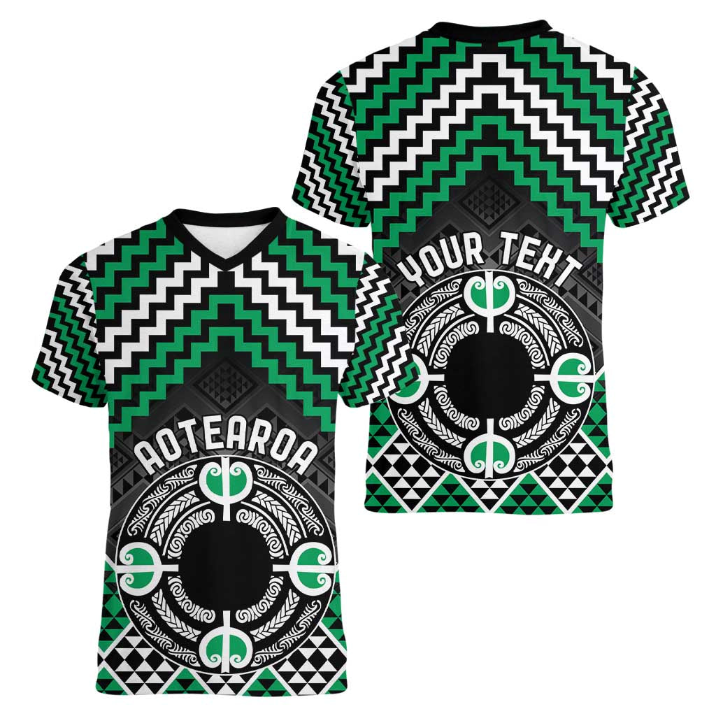 Personalised Aotearoa Niho Taniwha Motif Women V-Neck T-Shirt Green Style LT9 - Polynesian Pride