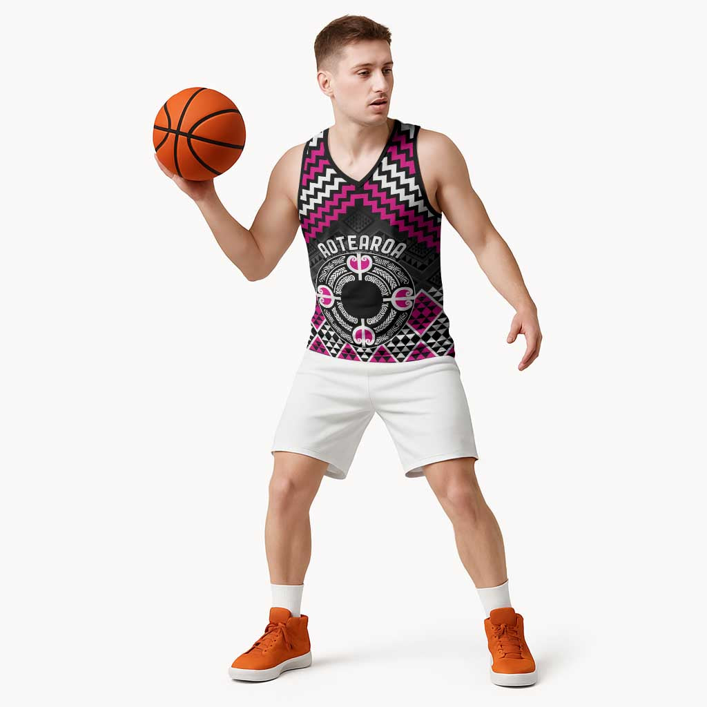 Personalised Aotearoa Niho Taniwha Motif Basketball Jersey Pink Style - Polynesian Pride