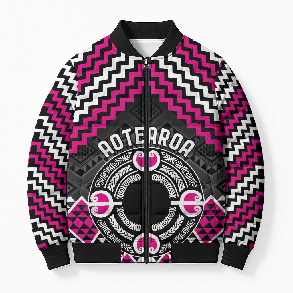 Personalised Aotearoa Niho Taniwha Motif Bomber Puffer Jacket Pink Style - Polynesian Pride